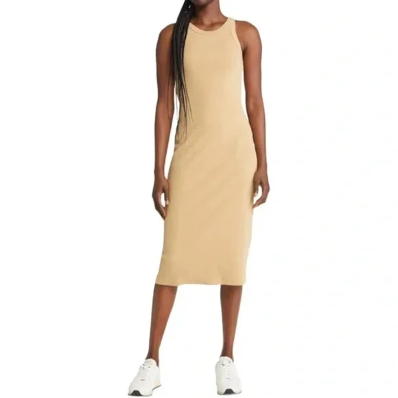 Mother The Chin UPS Midi Dress Tan in Beige